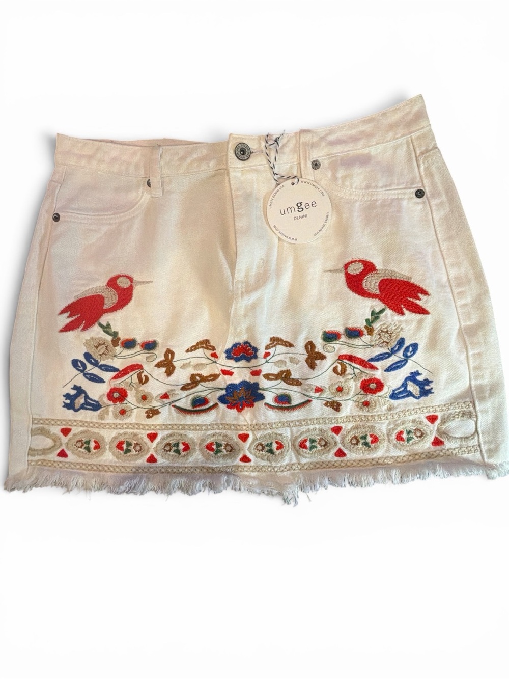 (NWT) Umgee "Birds of a Feather" White Denim Mini Skirt Sz. L